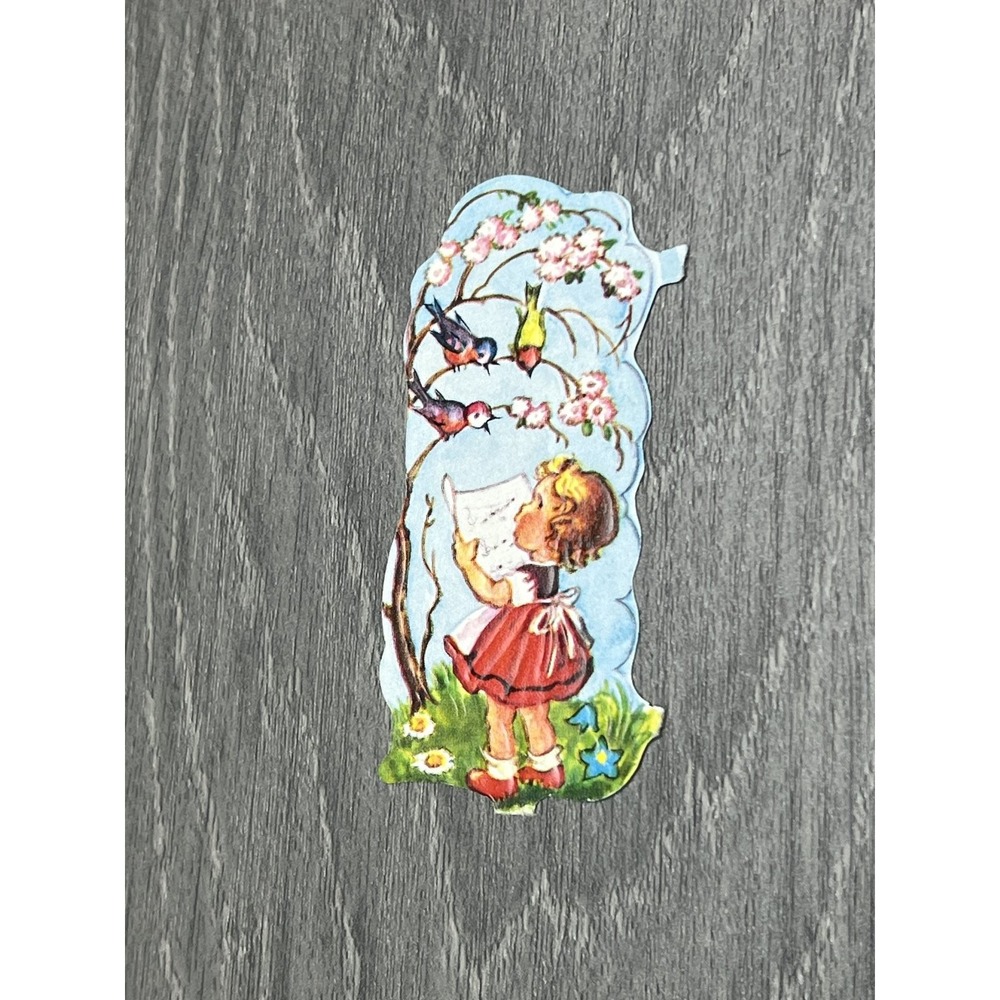 Vintage Die-Cut Scrap Little Girl Birds Cherry Blossom Tree Spring Ephemera - Picture 2 of 4